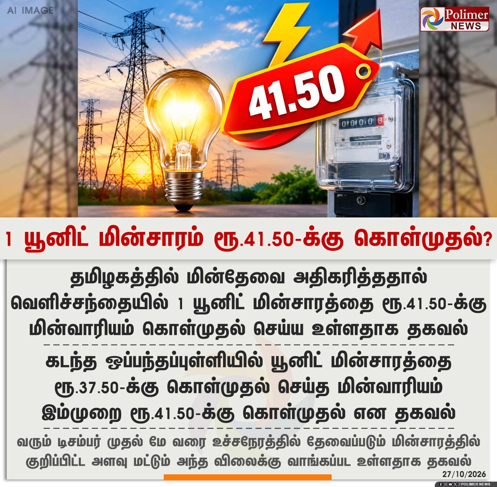 1 யூனிட் மின்சாரம் ரூ.41.50-க்கு கொள்முதல்?