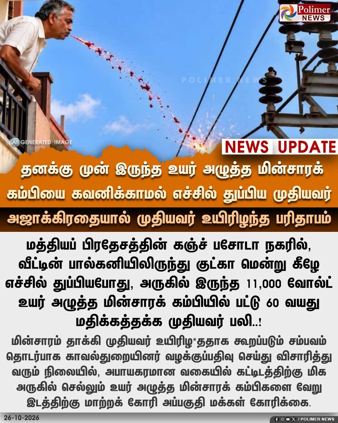 உயர் அழுத்த மின்சாரக் கம்பியில் எச்சில் துப்பிய முதியவர் மின்சாரம் தாக்கி உயிரிழப்பு