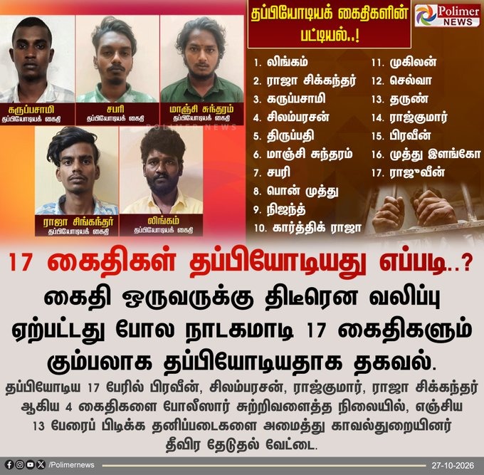 தப்பியோடிய 17 கைதிகளின் பட்டியல் மற்றும் அவர்களின் புகைப்படங்களுடன் கூடிய பாலிமர் நியூஸ் செய்தி அட்டை