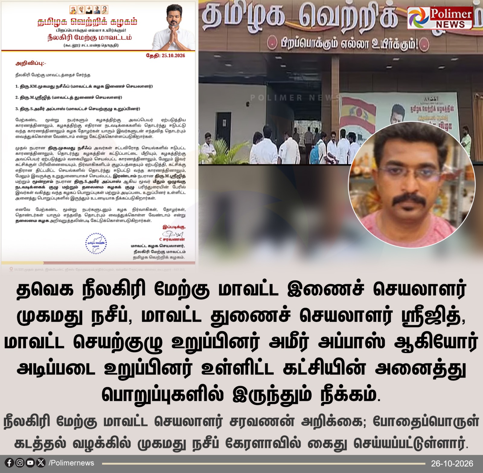 தமிழக வெற்றி கழகத்தில் இருந்து நீலகிரி மேற்கு மாவட்ட நிர்வாகிகள் நீக்கம்